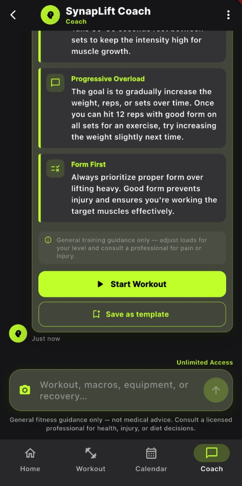SynapLift AI Coach workout plan with save as template